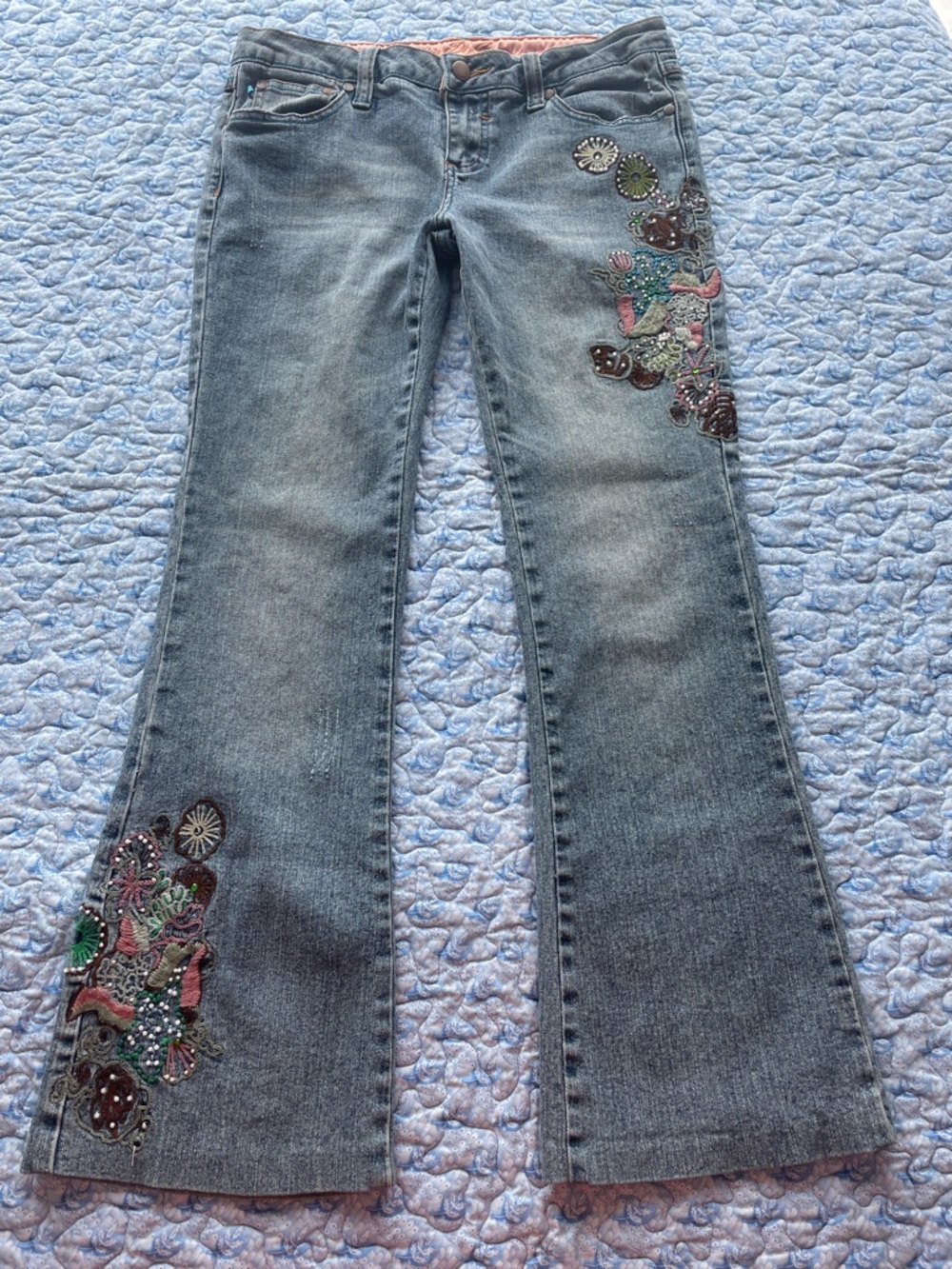 Zana Di Blue Embroidered Flare Jeans with Multicolor Floral Appliqué
